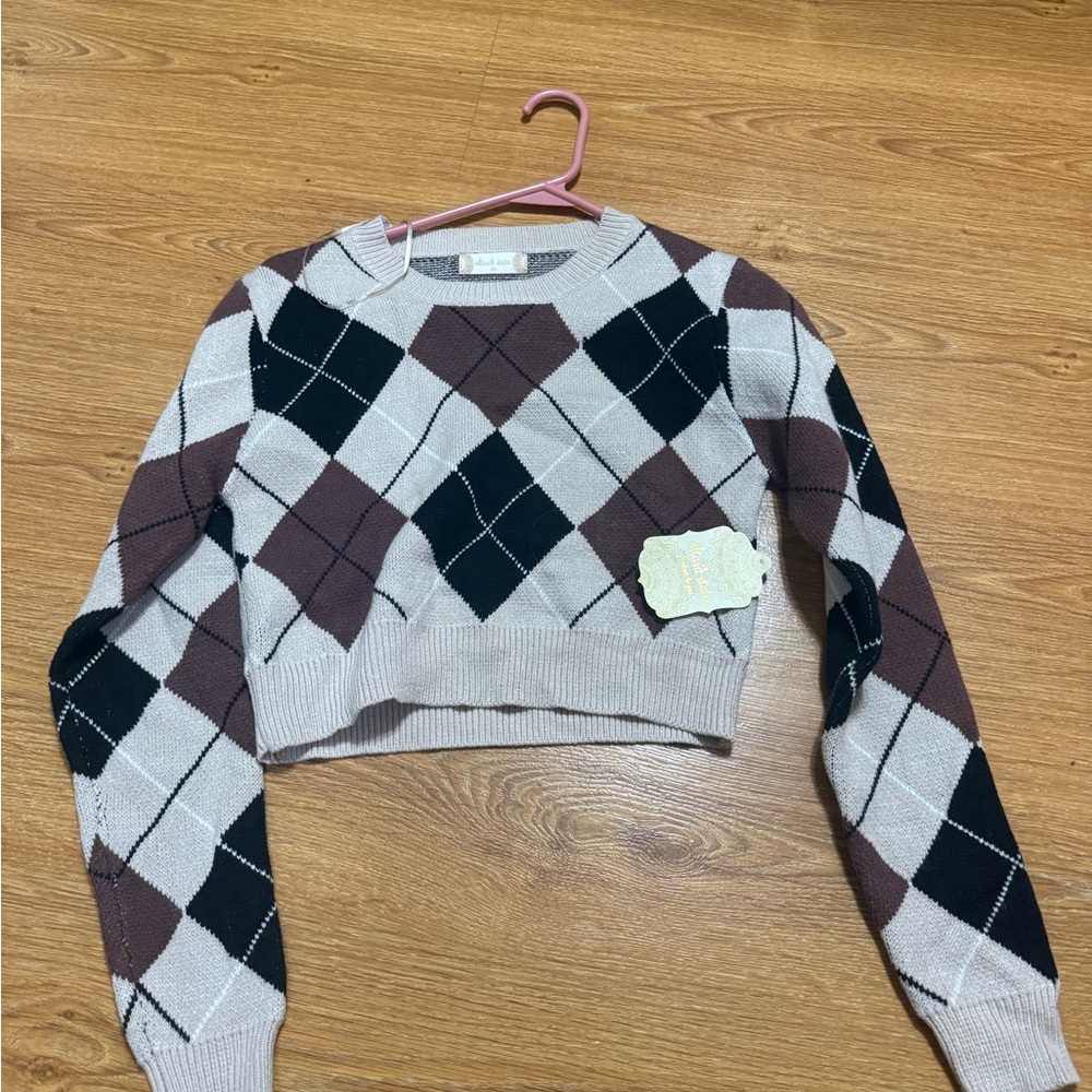 Altar'd State Argyle Crop Top - Brown, Black, Cream